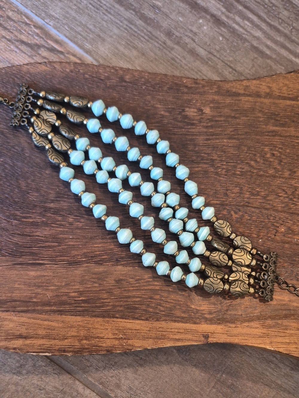 Vtg Four Strand Glazed Paper Bead Antique Bronze Tone Adjustable Length Bracelet